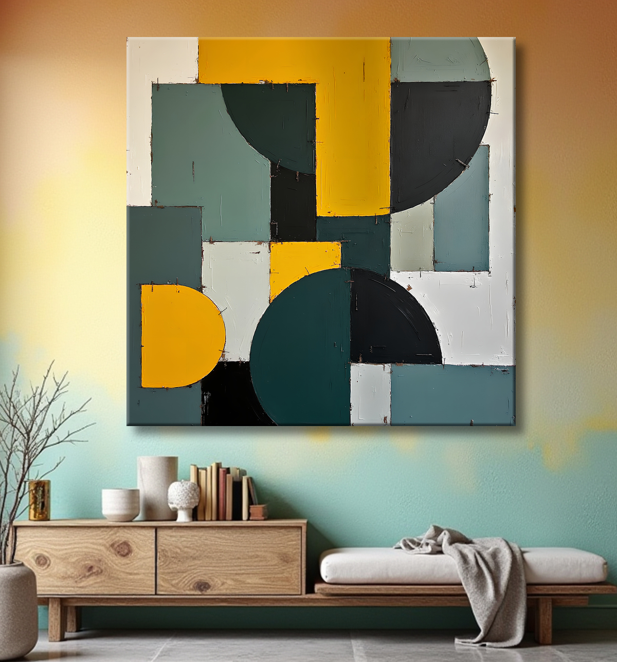 Tableau abstrait vert et jaune texturé avec decor