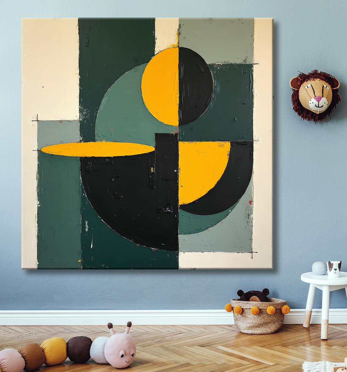 Tableau abstrait vert et jaune texturé avec decor