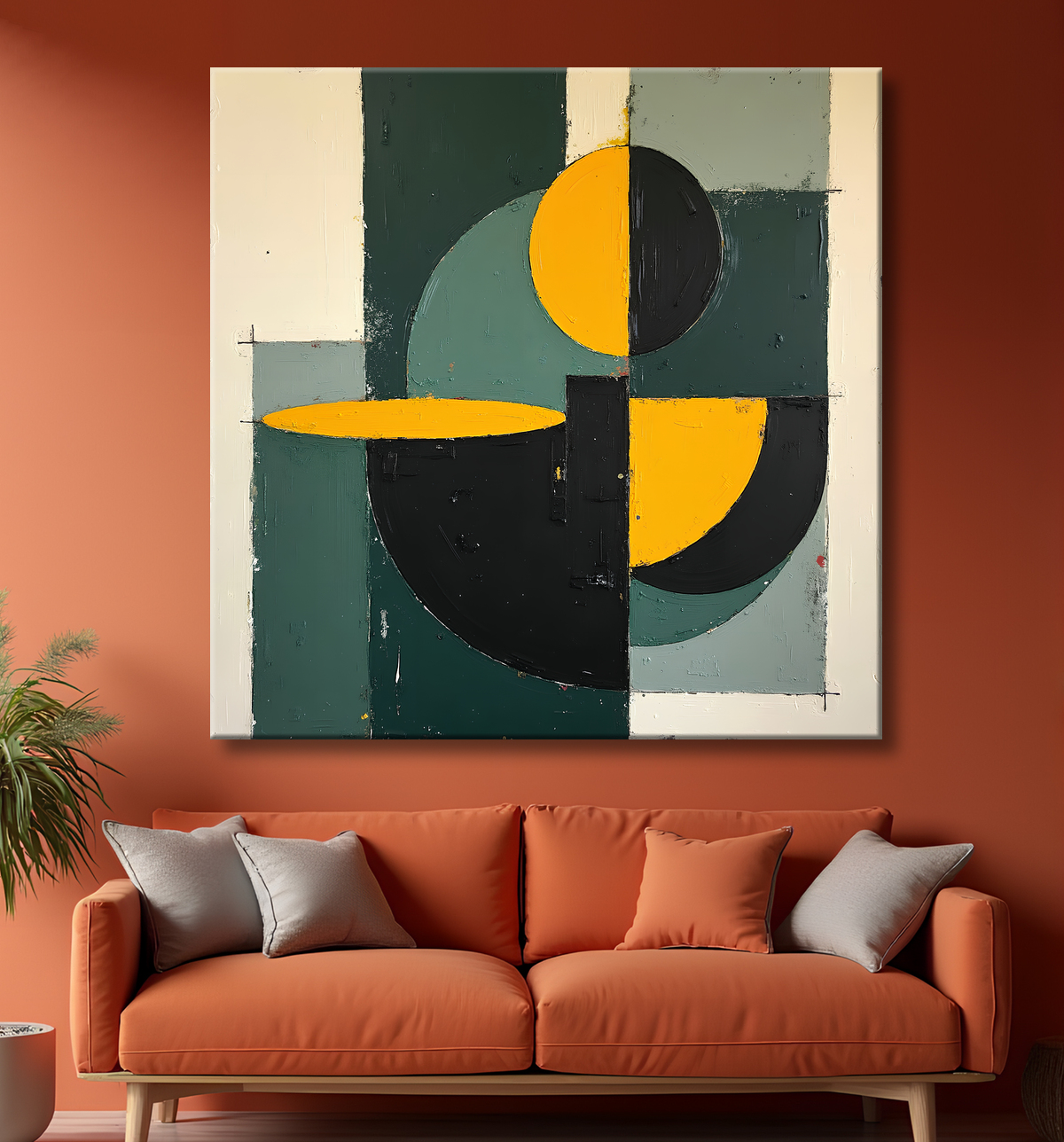 Tableau abstrait vert et jaune texturé avec decor