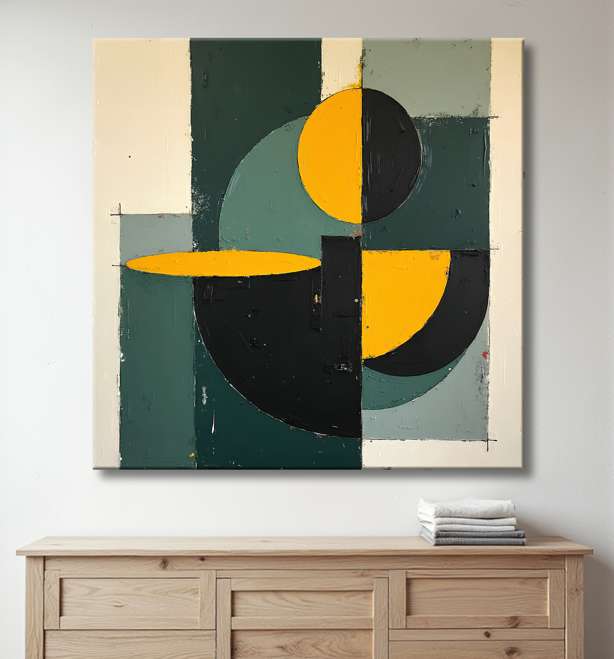 Tableau abstrait vert et jaune texturé avec decor