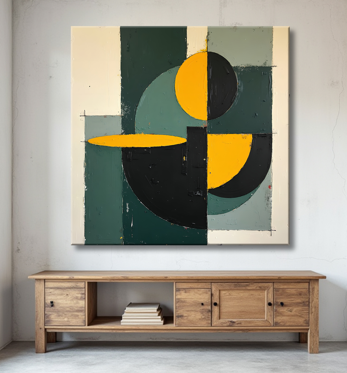 Tableau abstrait vert et jaune texturé avec decor