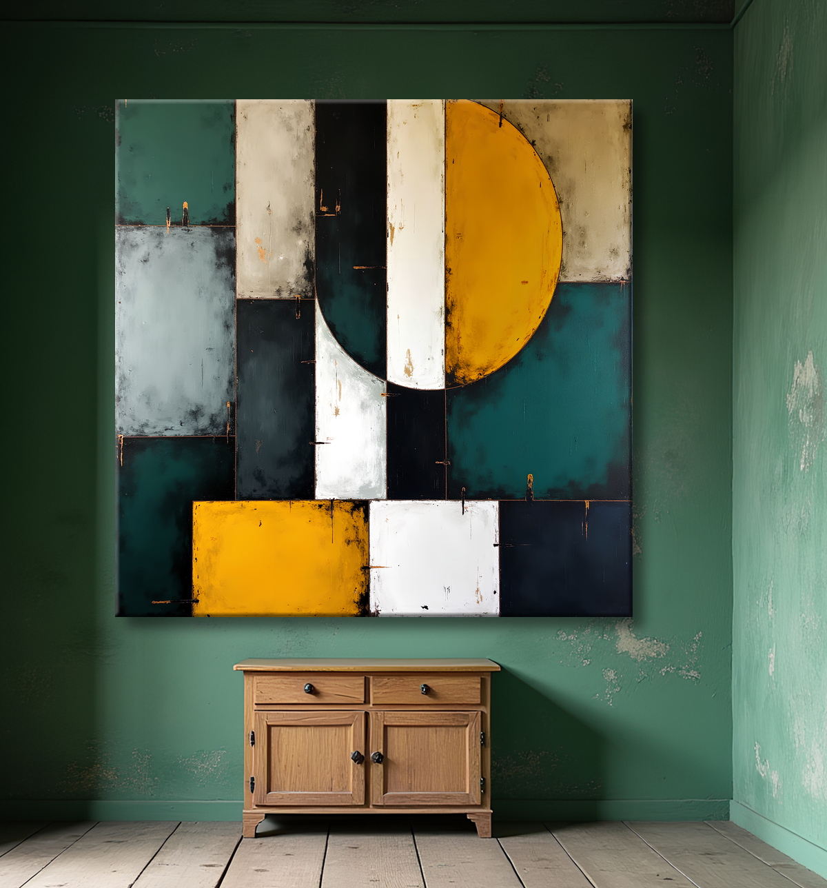 Tableau abstrait vert et jaune texturé avec decor