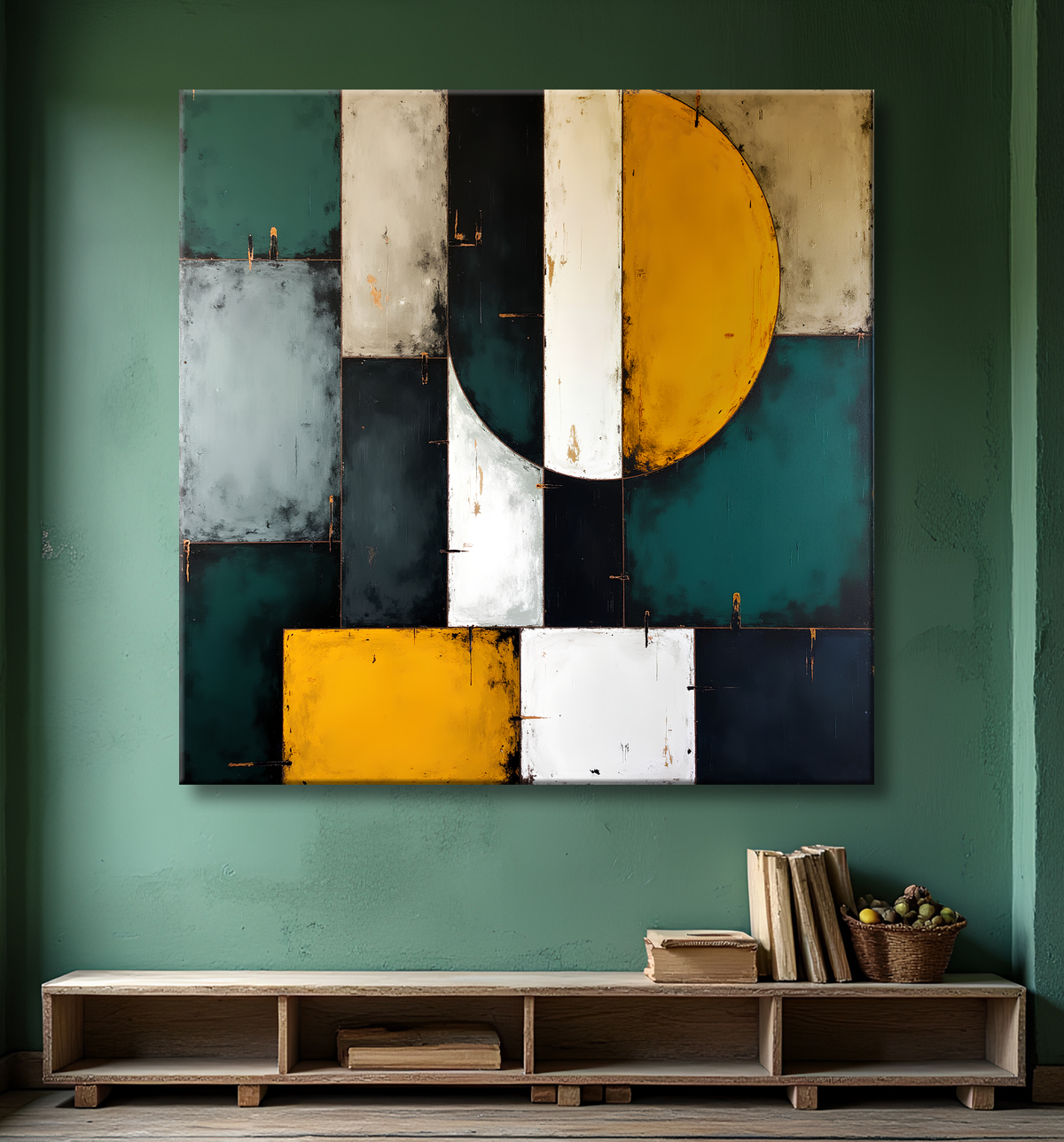 Tableau abstrait vert et jaune texturé avec decor