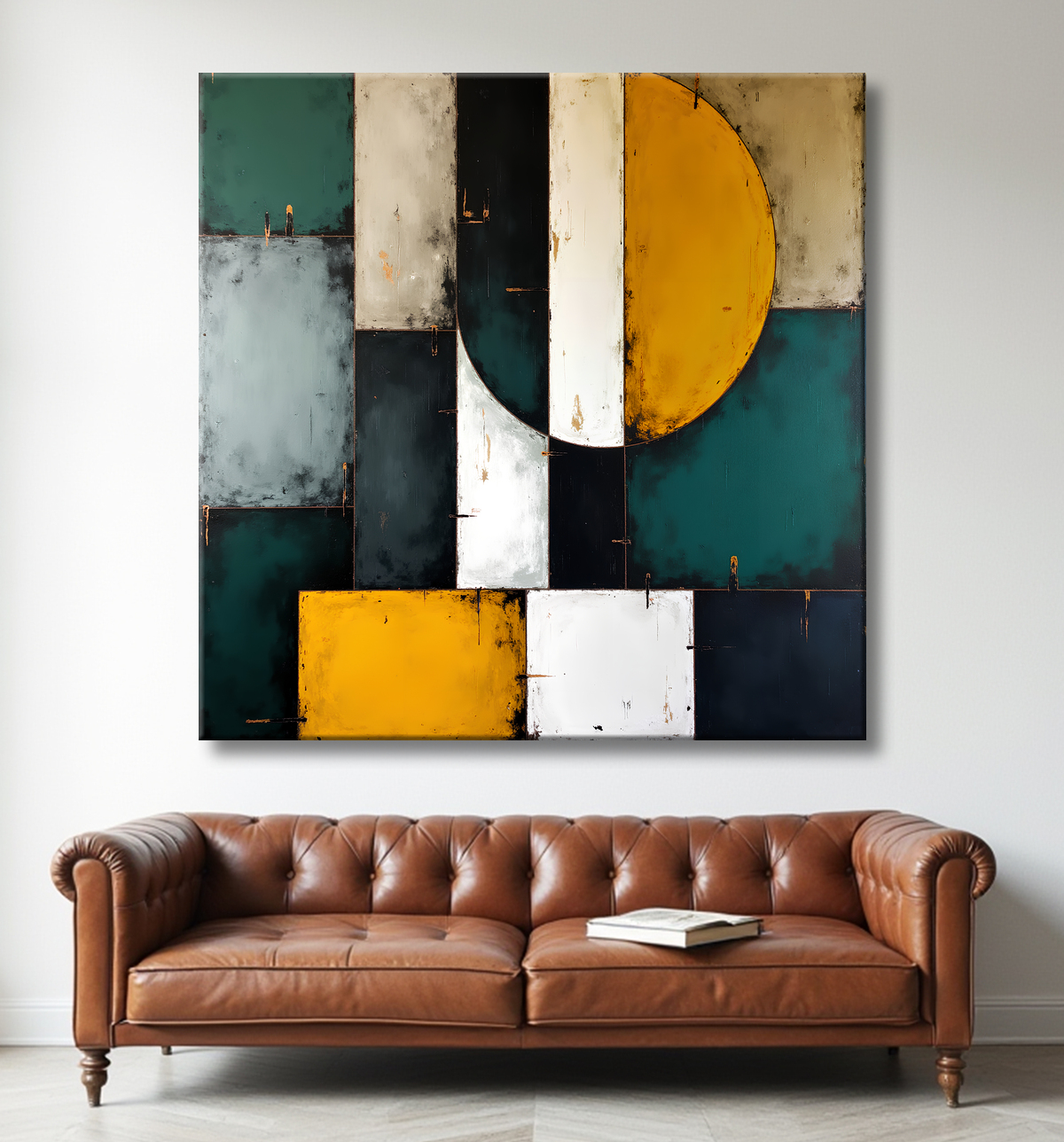 Tableau abstrait vert et jaune texturé avec decor