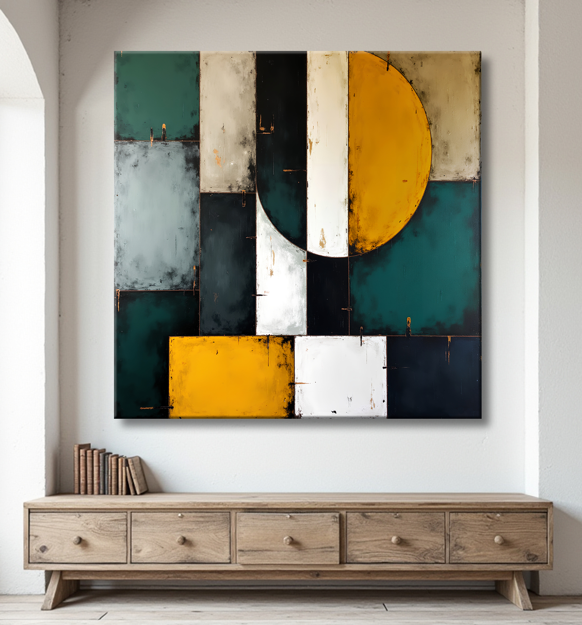 Tableau abstrait vert et jaune texturé avec decor