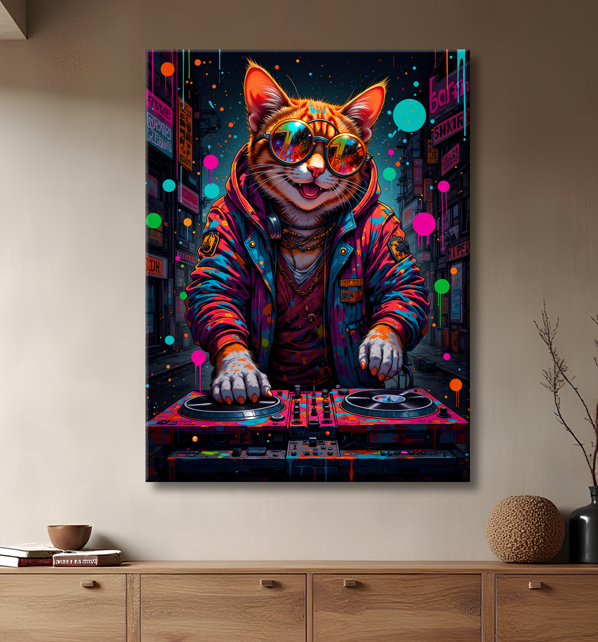 Tableau chat graffiti - Art mural urbain pop et artistique avec decor