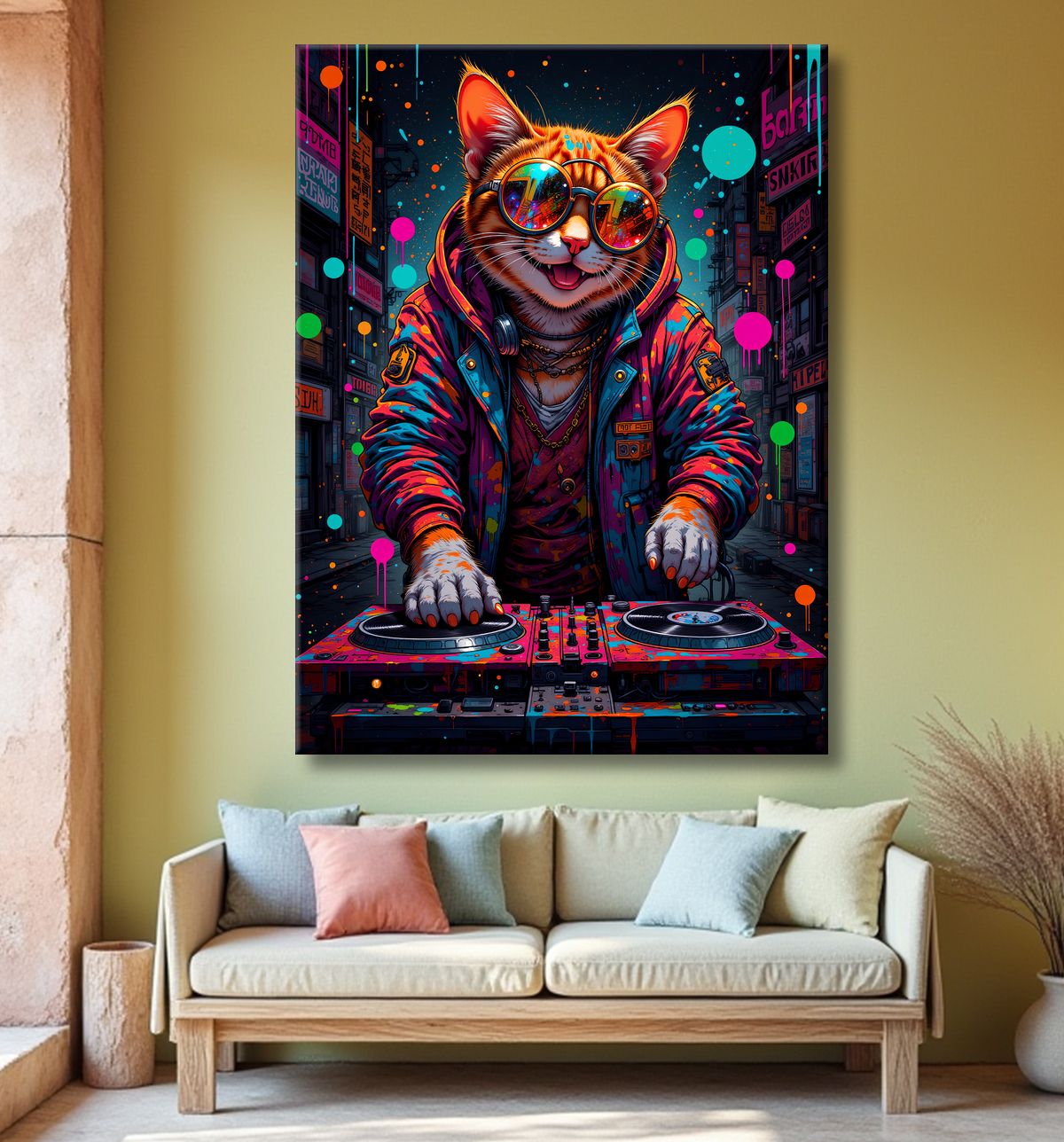 Tableau chat graffiti - Art mural urbain pop et artistique avec decor