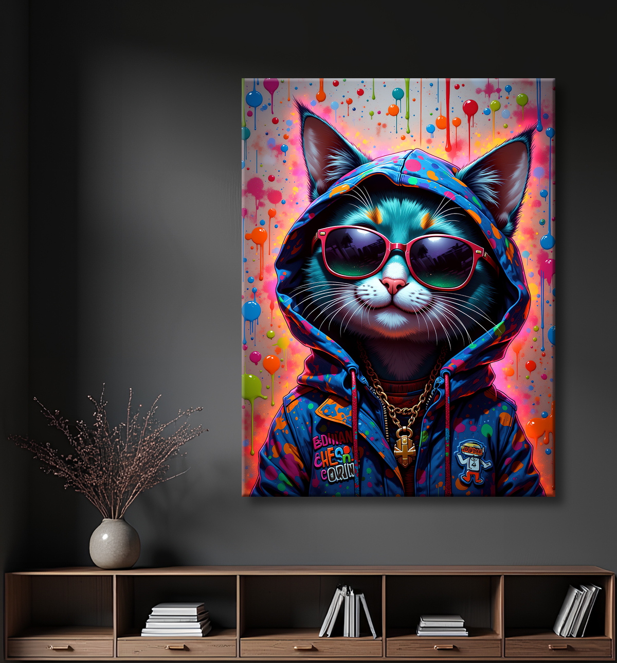 Tableau chat graffiti - Art mural urbain pop et artistique avec decor