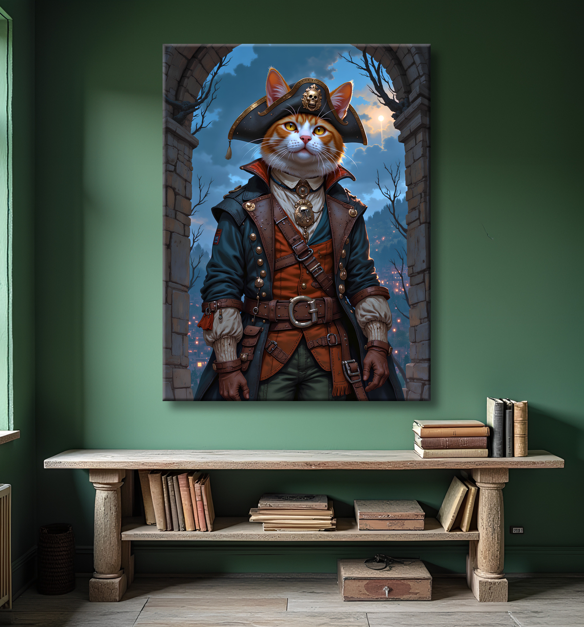 Tableau chat pirate - Portrait d’aventurier félin raffiné et espiègle avec decor