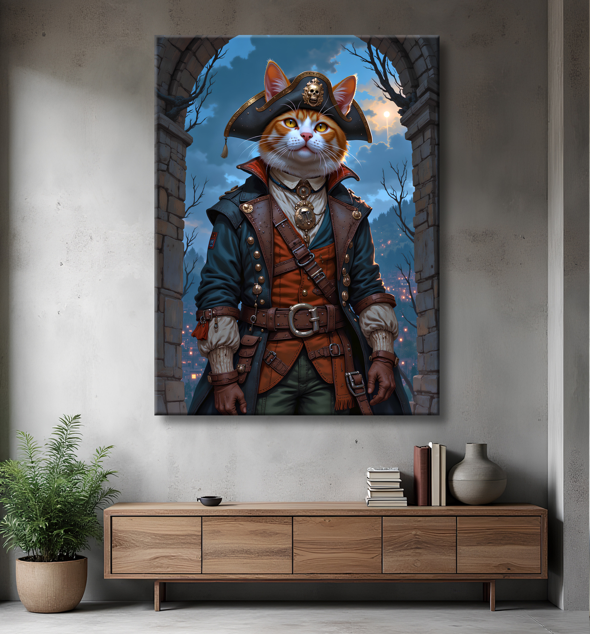 Tableau chat pirate - Portrait d’aventurier félin raffiné et espiègle avec decor