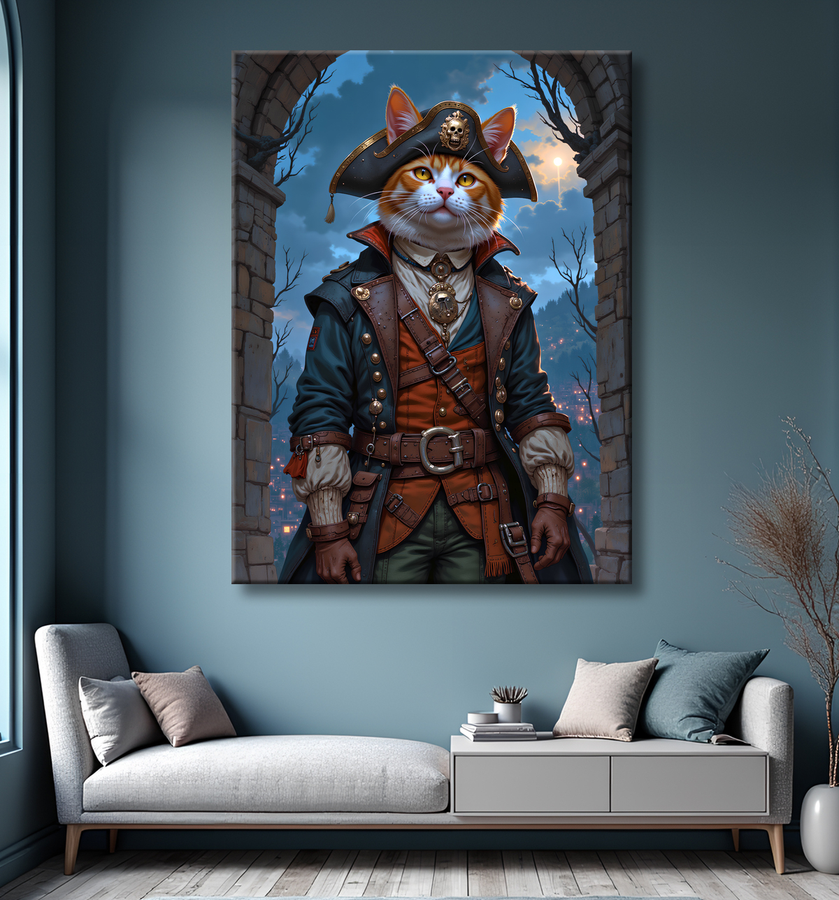Tableau chat pirate - Portrait d’aventurier félin raffiné et espiègle avec decor