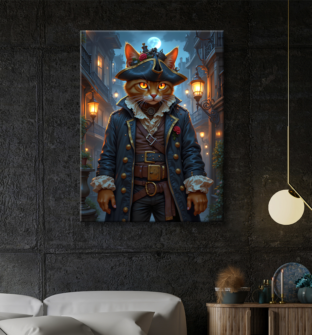Tableau chat pirate - Portrait d’aventurier félin raffiné et espiègle avec decor
