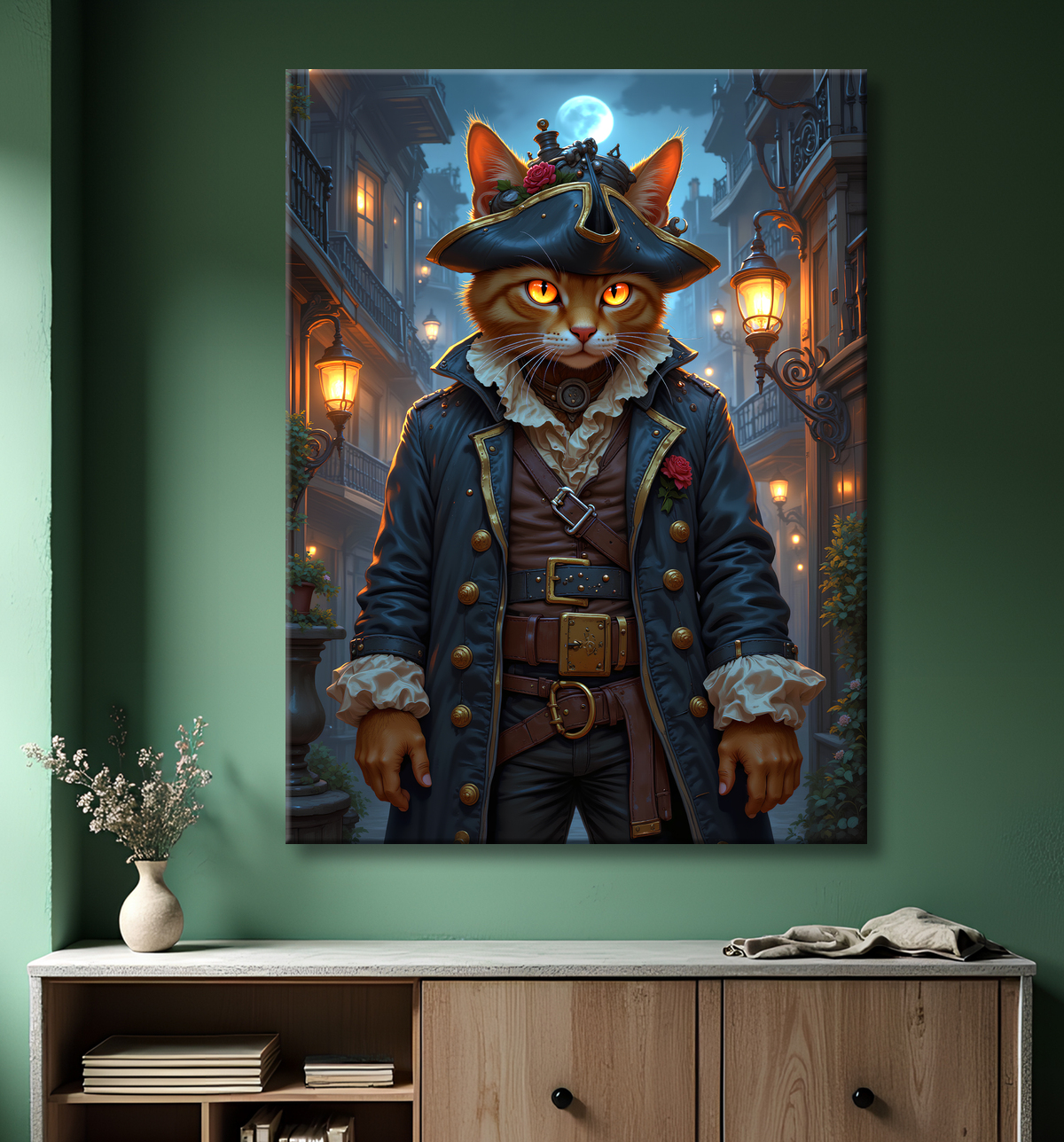 Tableau chat pirate - Portrait d’aventurier félin raffiné et espiègle avec decor