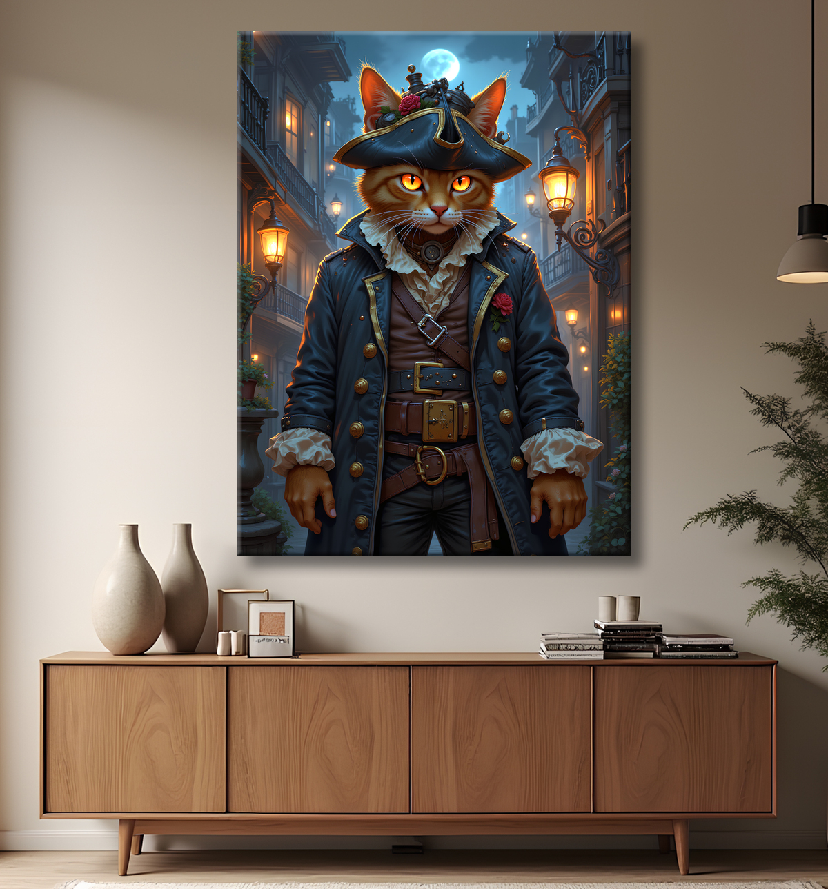 Tableau chat pirate - Portrait d’aventurier félin raffiné et espiègle avec decor