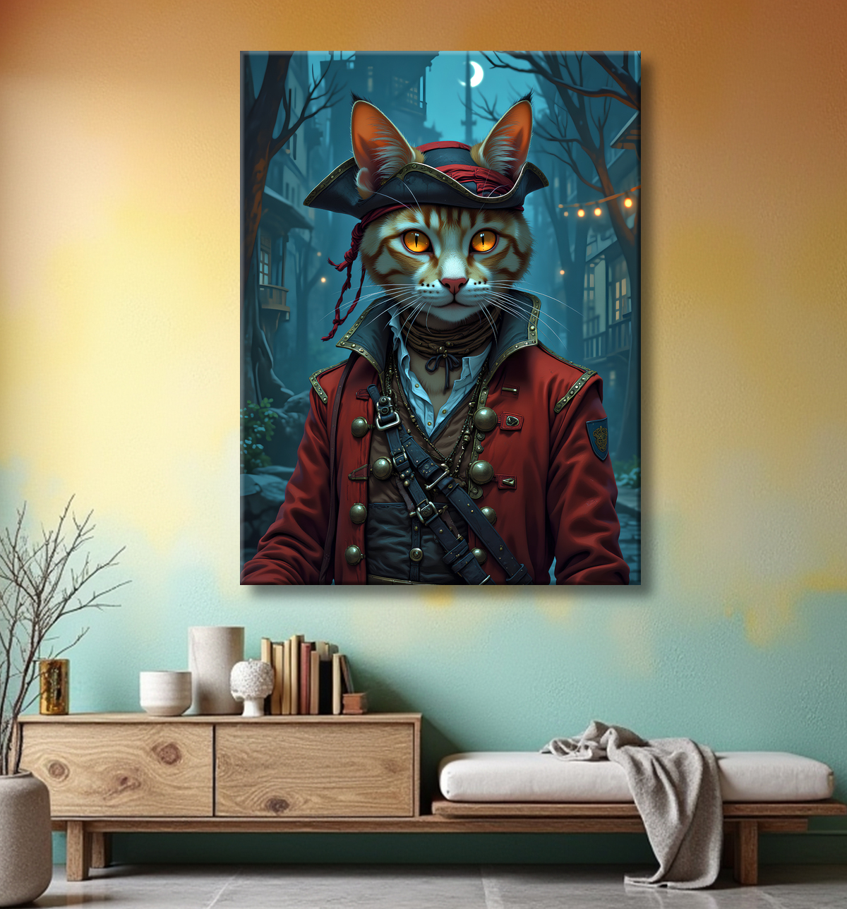 Tableau chat pirate - Portrait d’aventurier félin raffiné et espiègle avec decor