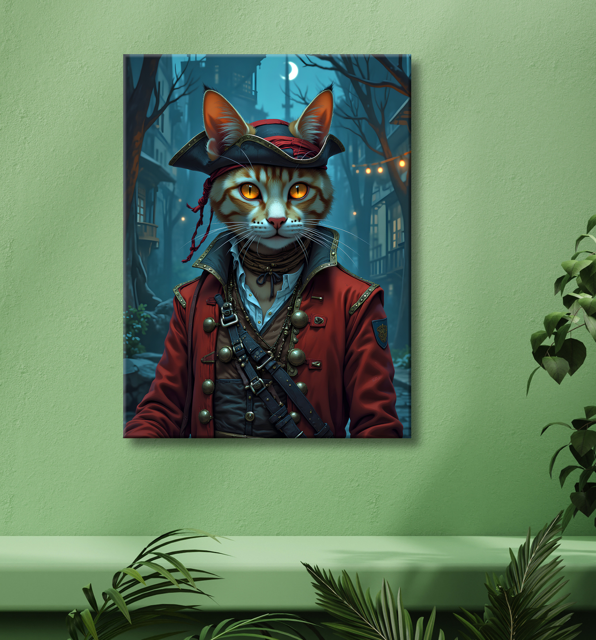 Tableau chat pirate - Portrait d’aventurier félin raffiné et espiègle avec decor
