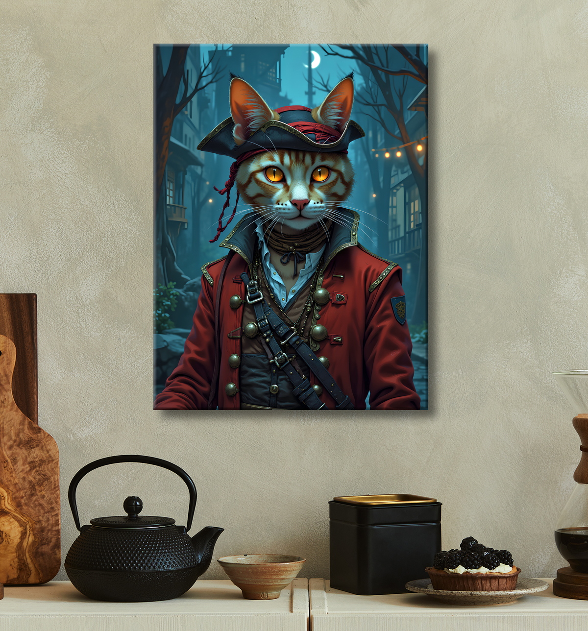 Tableau chat pirate - Portrait d’aventurier félin raffiné et espiègle avec decor
