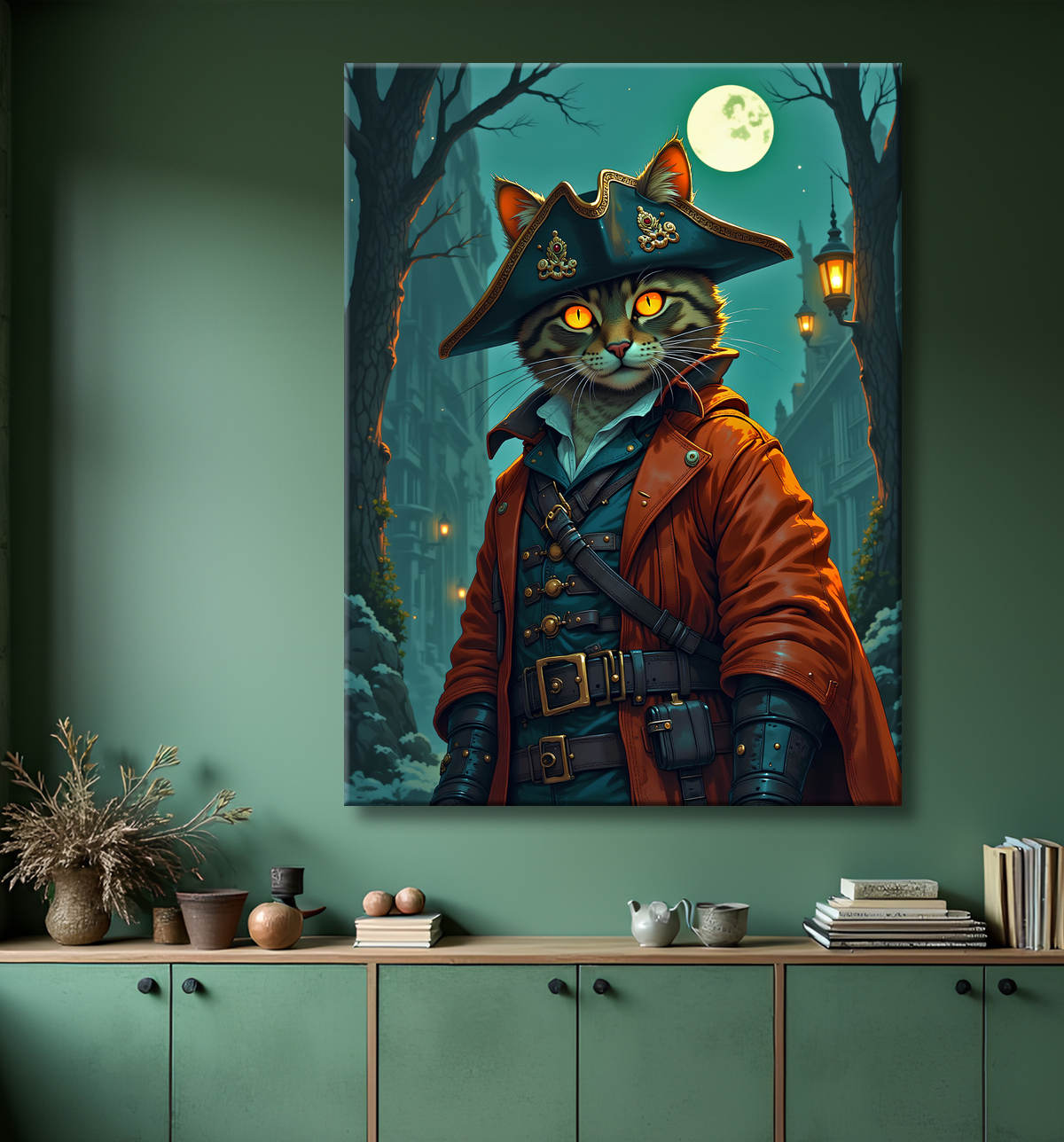 Tableau chat pirate - Portrait d’aventurier félin raffiné et espiègle avec decor