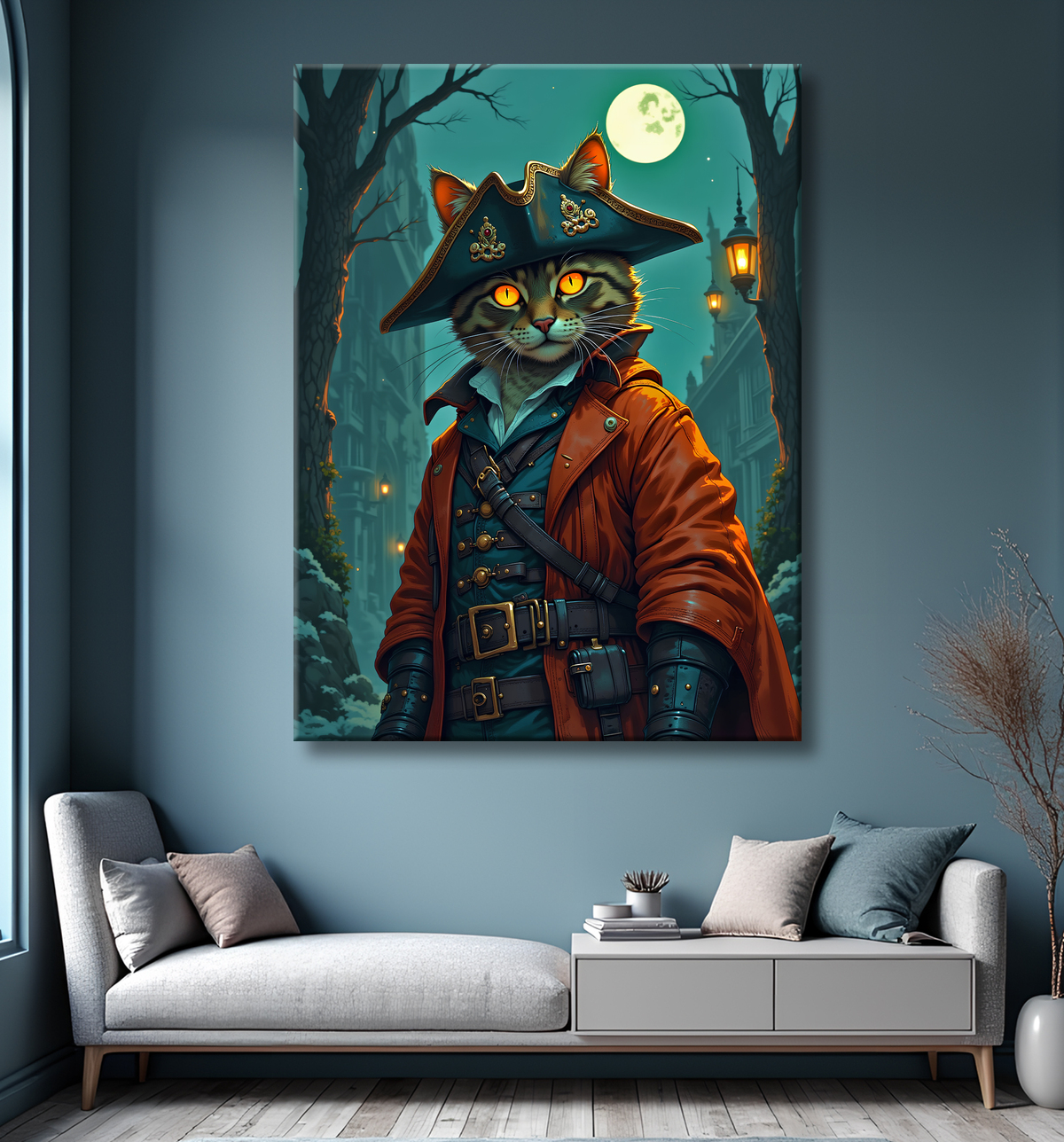 Tableau chat pirate - Portrait d’aventurier félin raffiné et espiègle avec decor