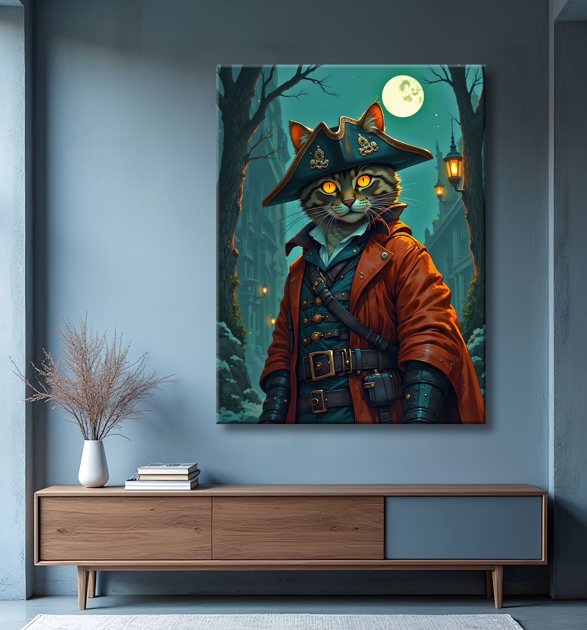 Tableau chat pirate - Portrait d’aventurier félin raffiné et espiègle avec decor