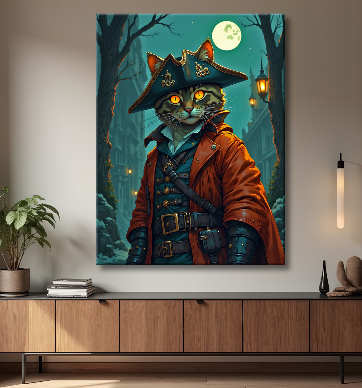 Tableau chat pirate - Portrait d’aventurier félin raffiné et espiègle avec decor