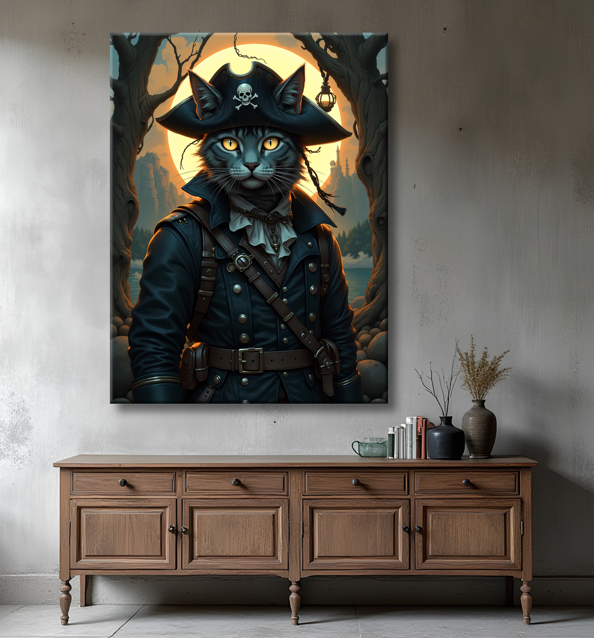 Tableau chat pirate - Portrait d’aventurier félin raffiné et espiègle avec decor