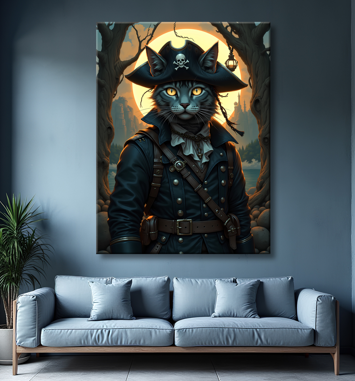 Tableau chat pirate - Portrait d’aventurier félin raffiné et espiègle avec decor