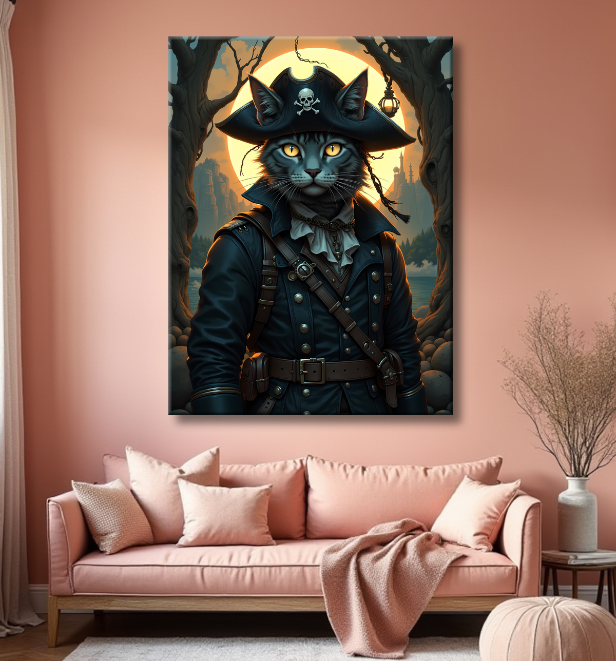 Tableau chat pirate - Portrait d’aventurier félin raffiné et espiègle avec decor
