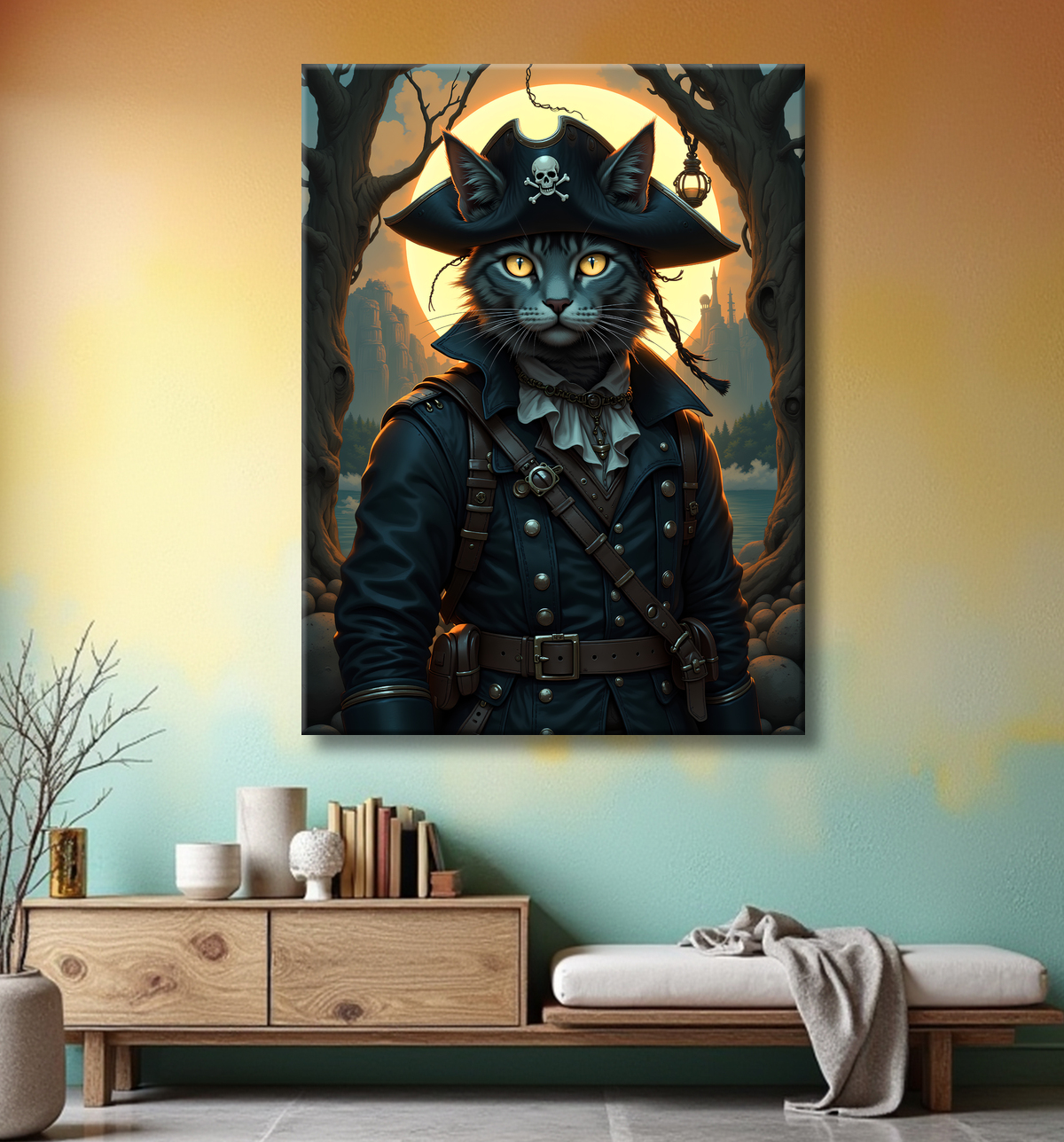 Tableau chat pirate - Portrait d’aventurier félin raffiné et espiègle avec decor