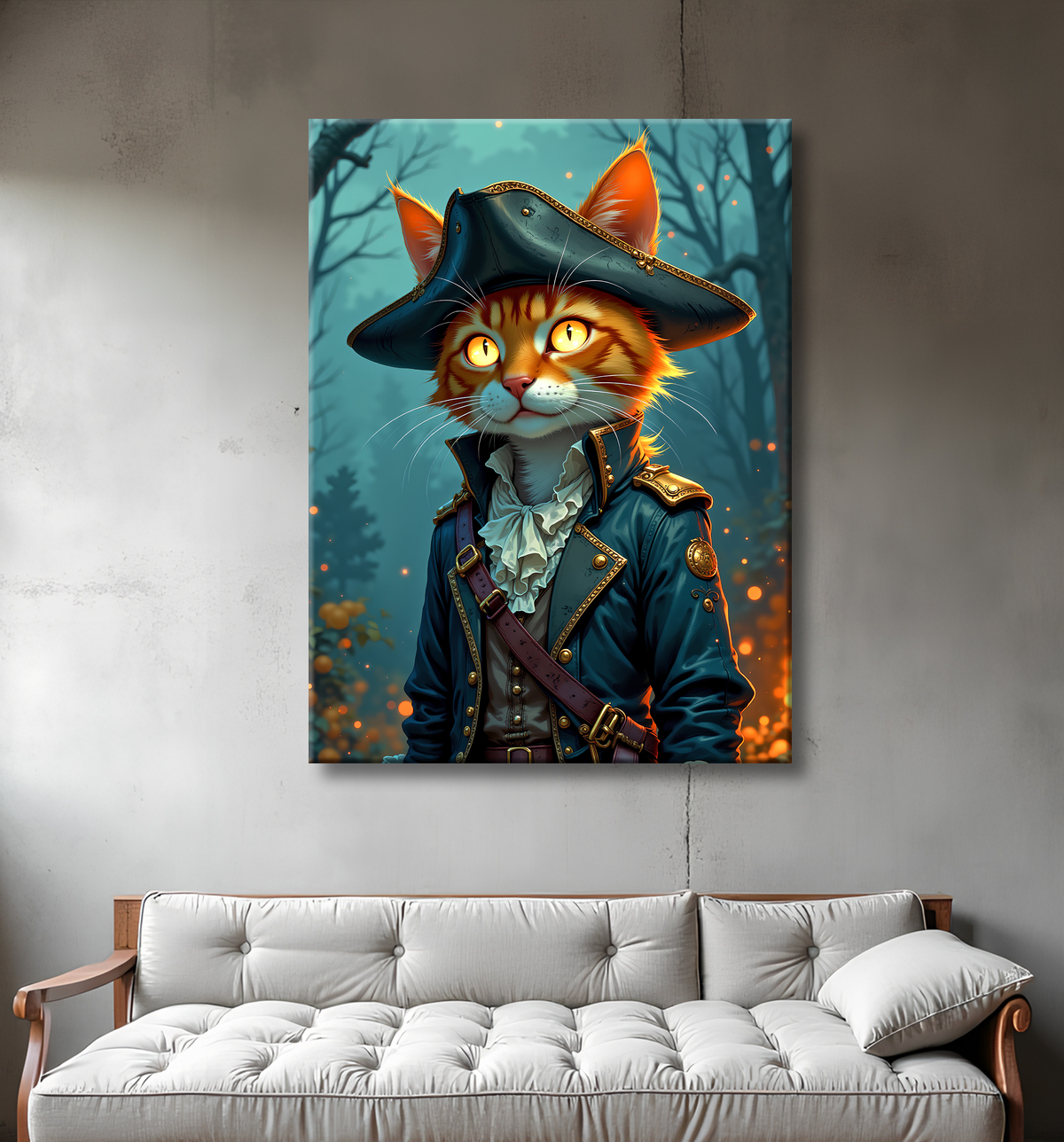 Tableau chat pirate - Portrait d’aventurier félin raffiné et espiègle avec decor
