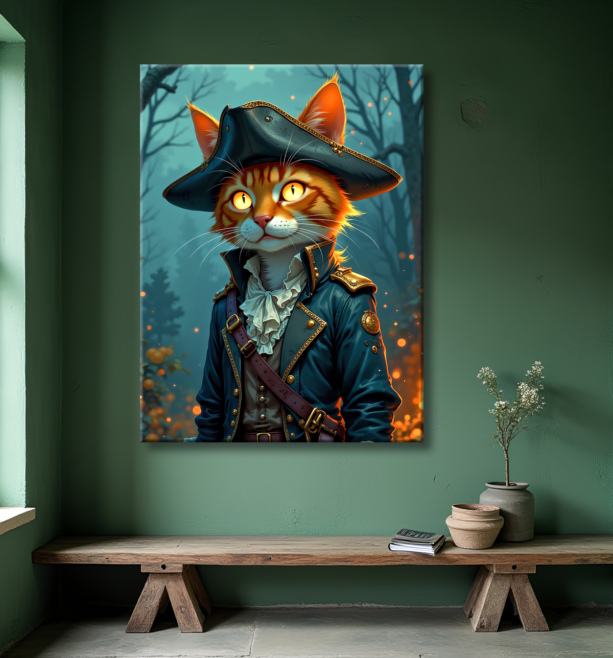 Tableau chat pirate - Portrait d’aventurier félin raffiné et espiègle avec decor