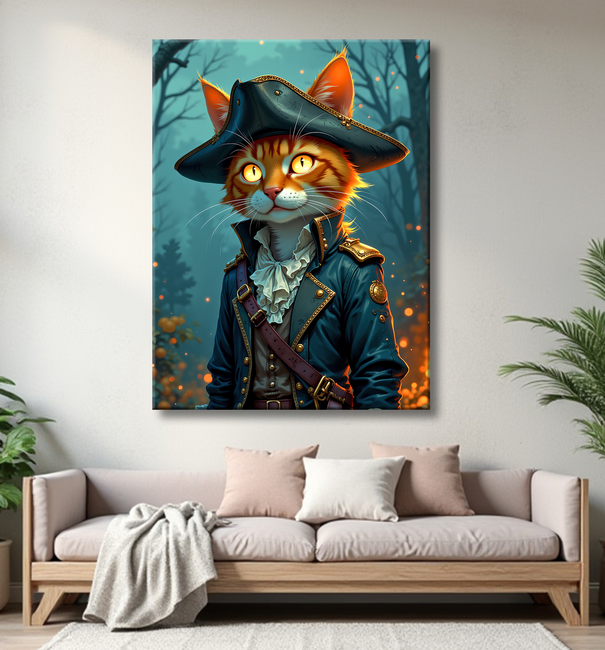 Tableau chat pirate - Portrait d’aventurier félin raffiné et espiègle avec decor