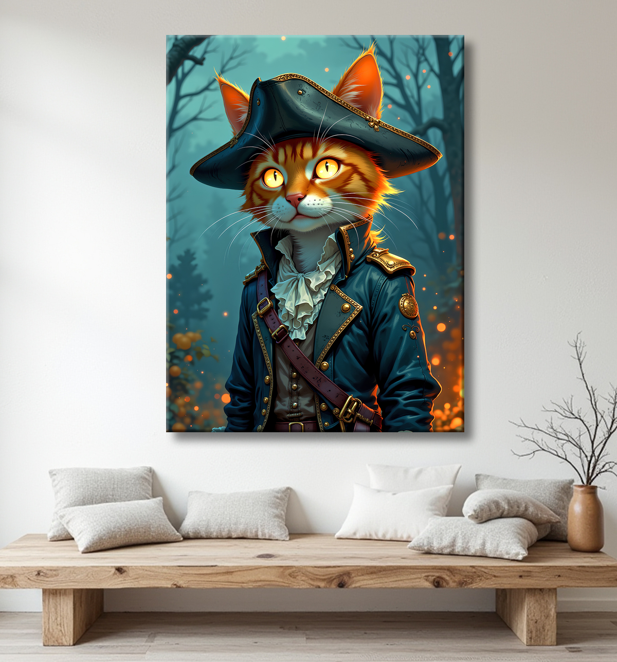 Tableau chat pirate - Portrait d’aventurier félin raffiné et espiègle avec decor