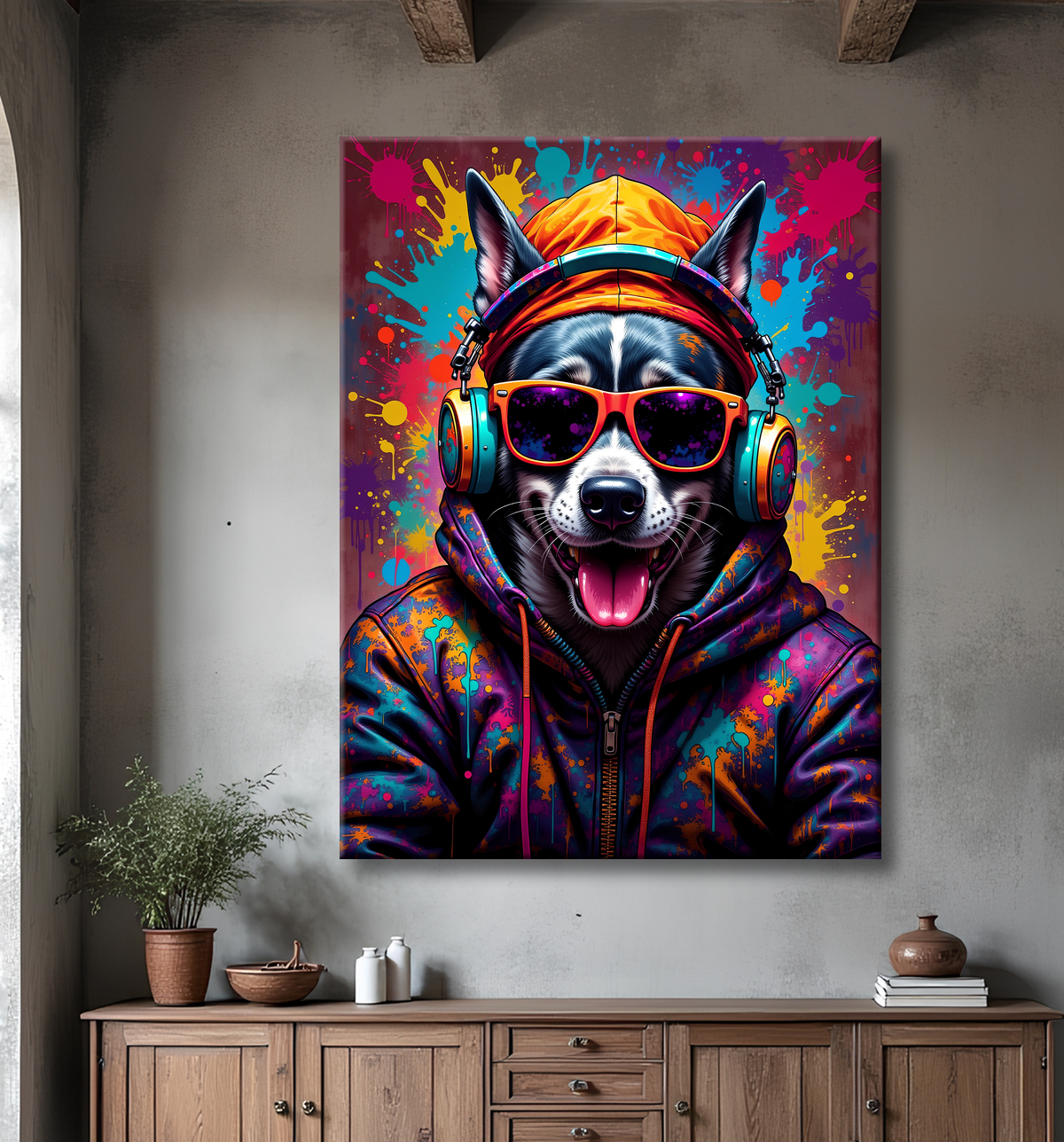 Tableau chien graffiti - Art mural urbain coloré et fun avec decor