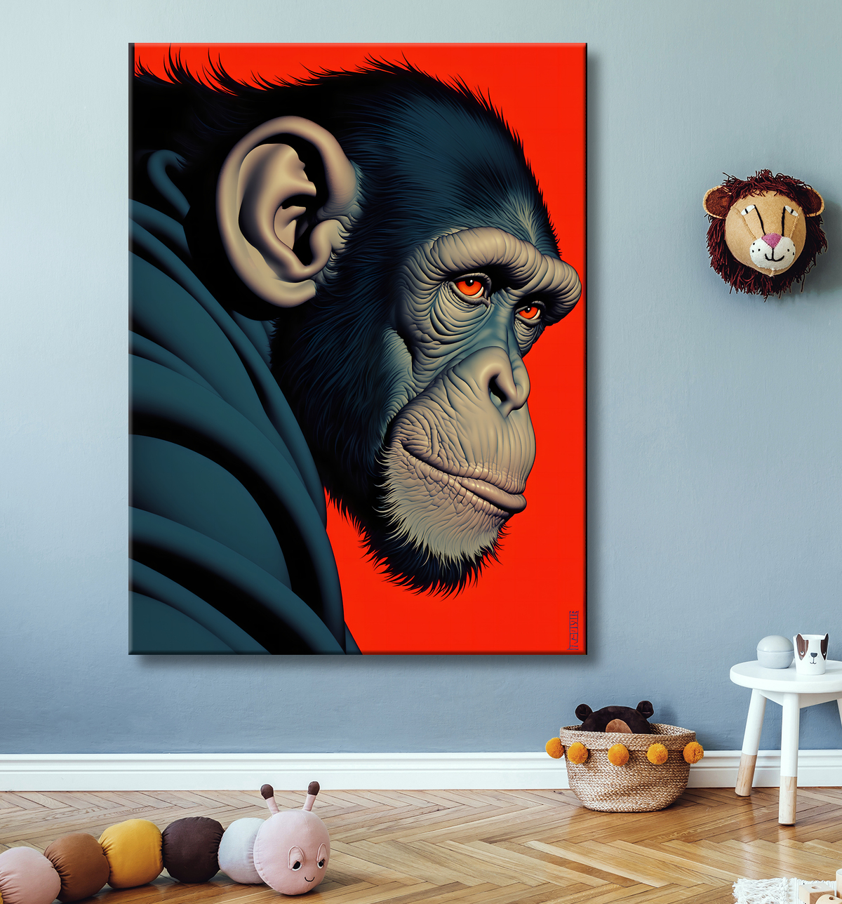 Tableau Chimpanzé style BD sur fond rouge avec decor