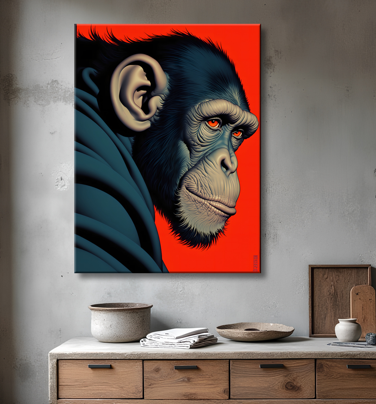 Tableau Chimpanzé style BD sur fond rouge avec decor