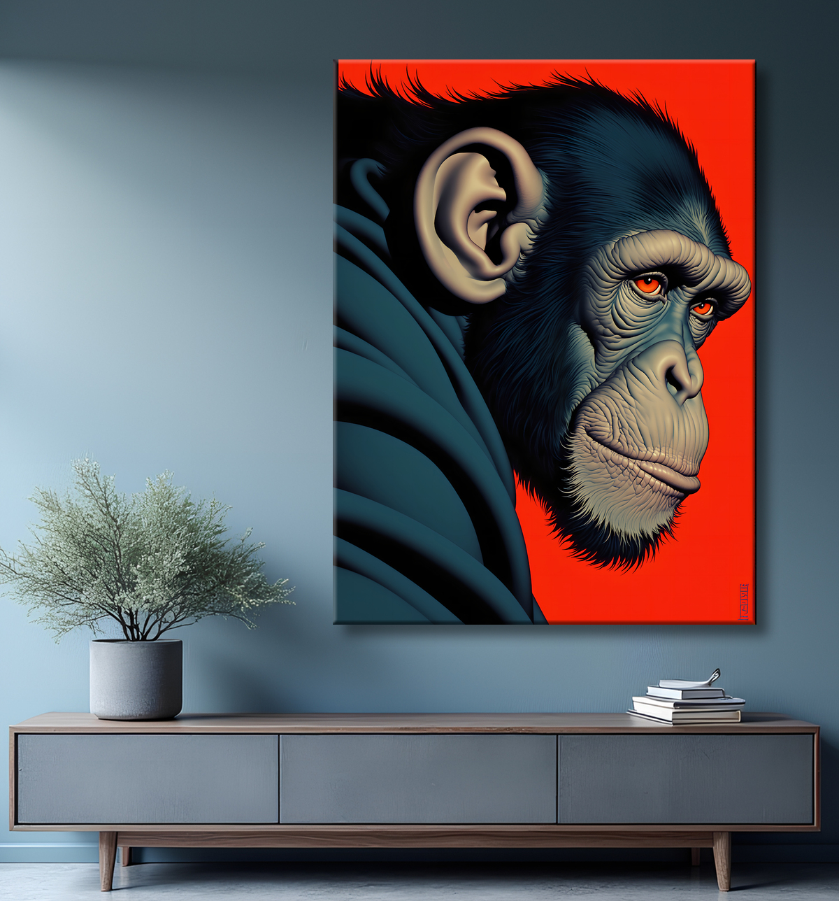 Tableau Chimpanzé style BD sur fond rouge avec decor