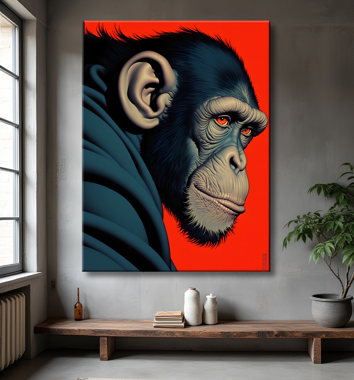 Tableau Chimpanzé style BD sur fond rouge avec decor
