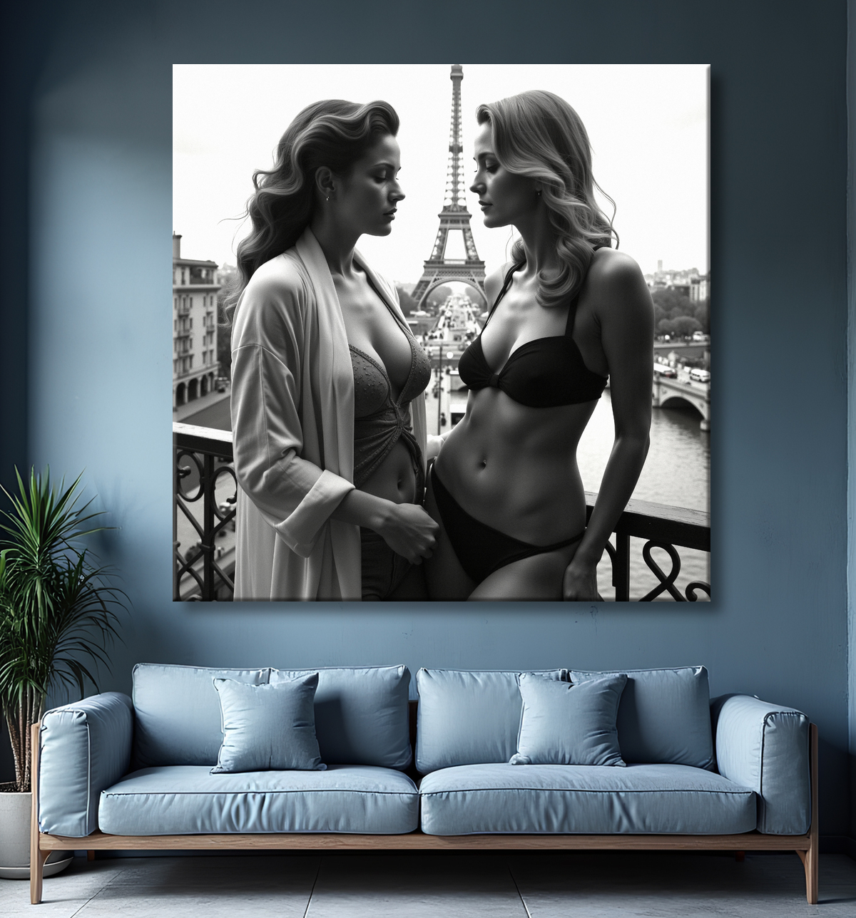 Tableau couple femmes chic Paris noir et blanc avec decor