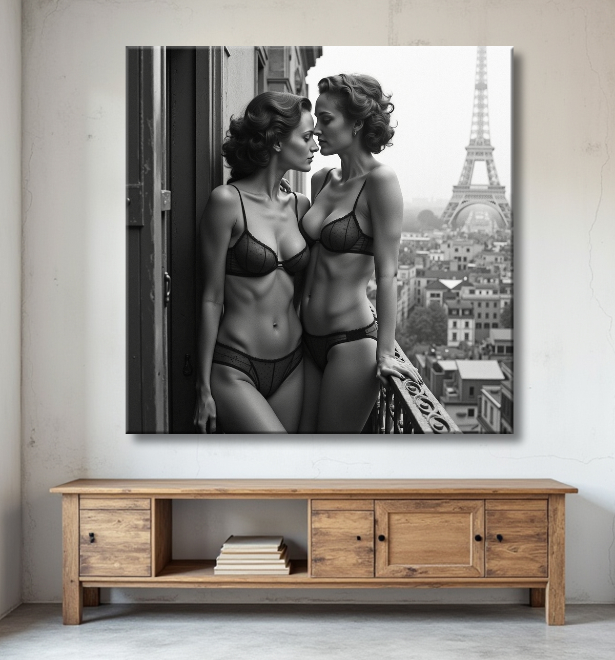 Tableau couple femmes chic Paris noir et blanc avec decor