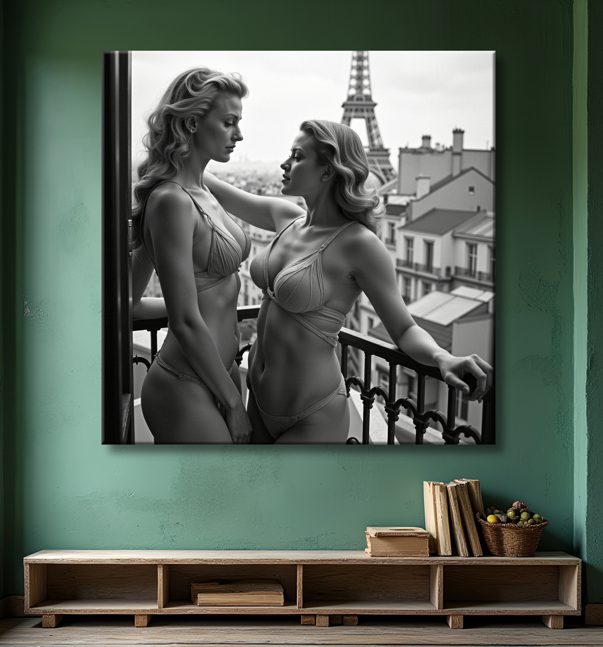 Tableau couple femmes chic Paris noir et blanc avec decor