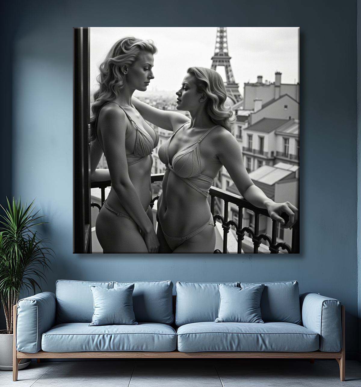 Tableau couple femmes chic Paris noir et blanc avec decor