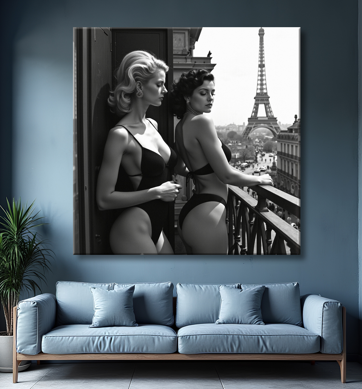Tableau couple femmes chic Paris noir et blanc avec decor