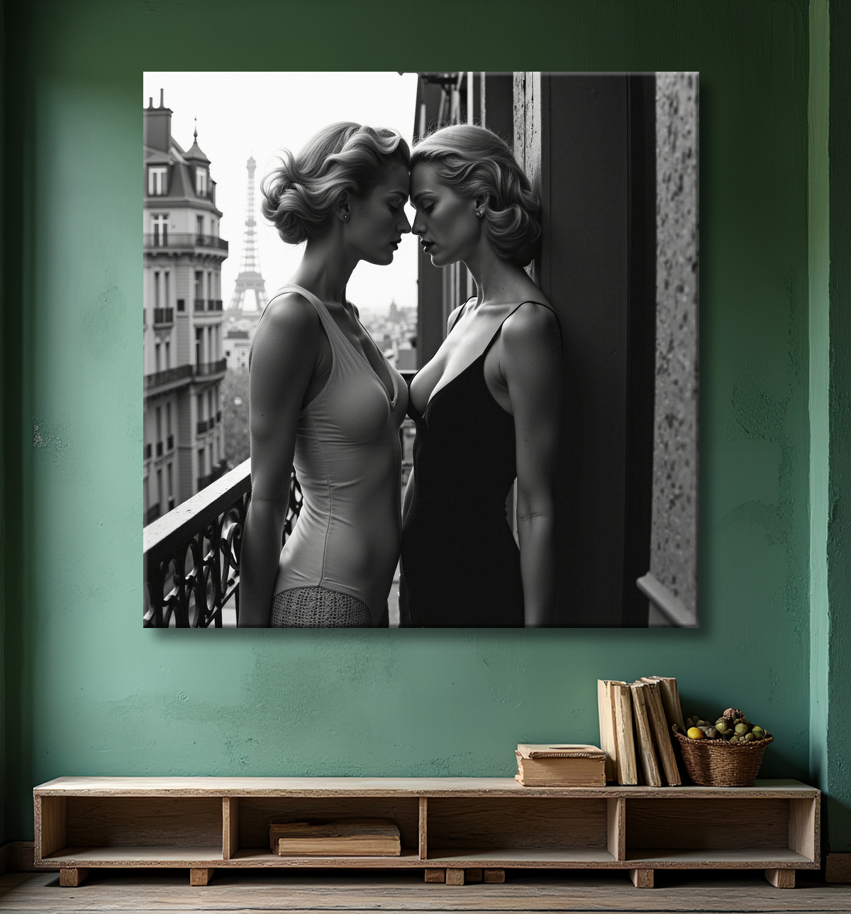 Tableau couple femmes chic Paris noir et blanc avec decor