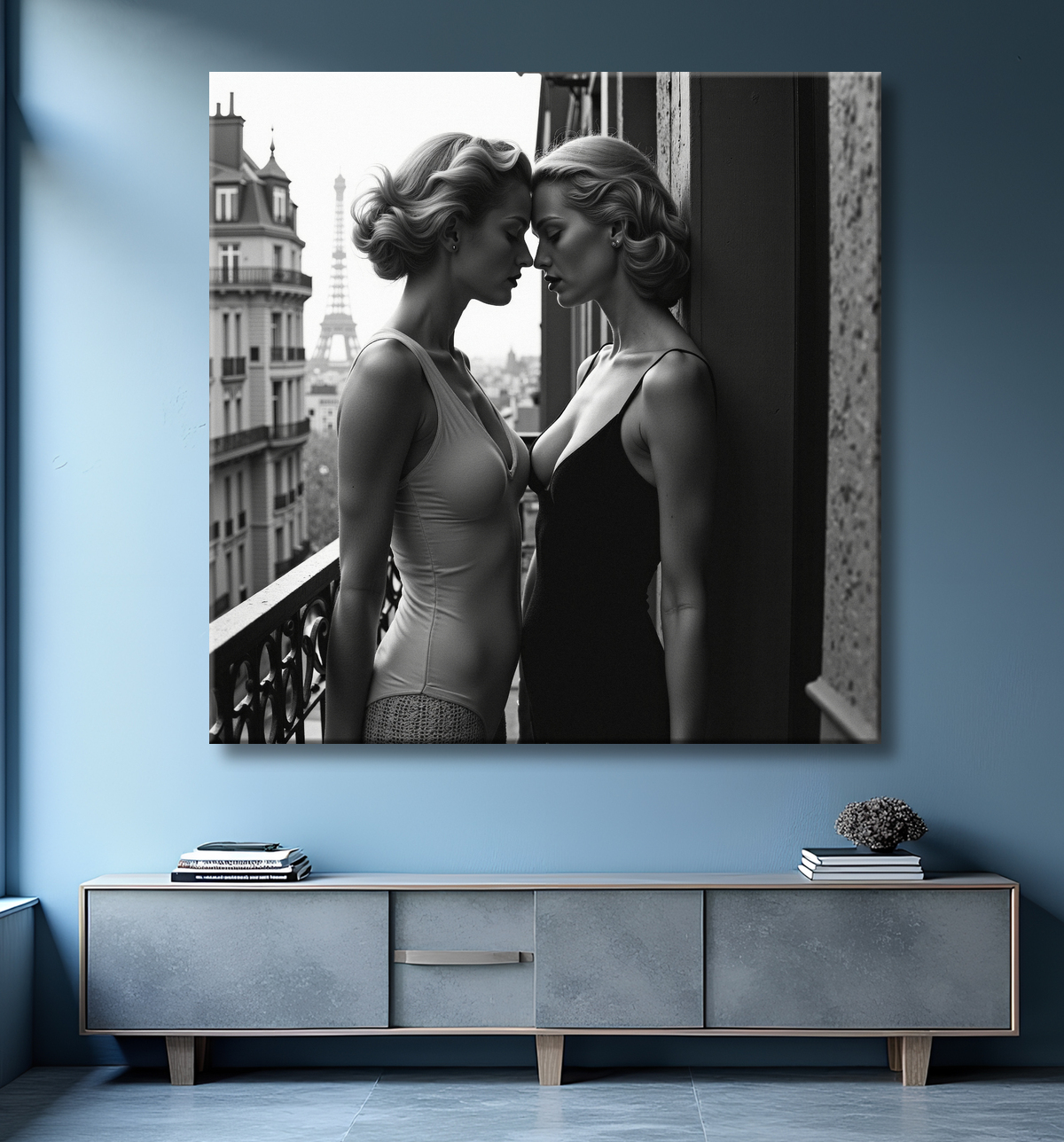 Tableau couple femmes chic Paris noir et blanc avec decor