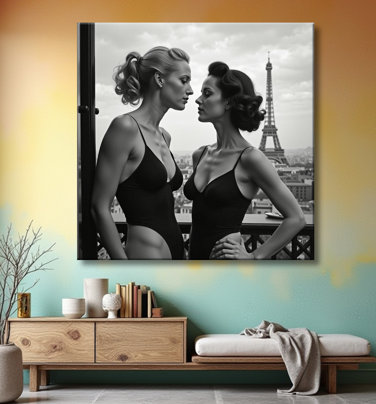 Tableau couple femmes chic Paris noir et blanc avec decor