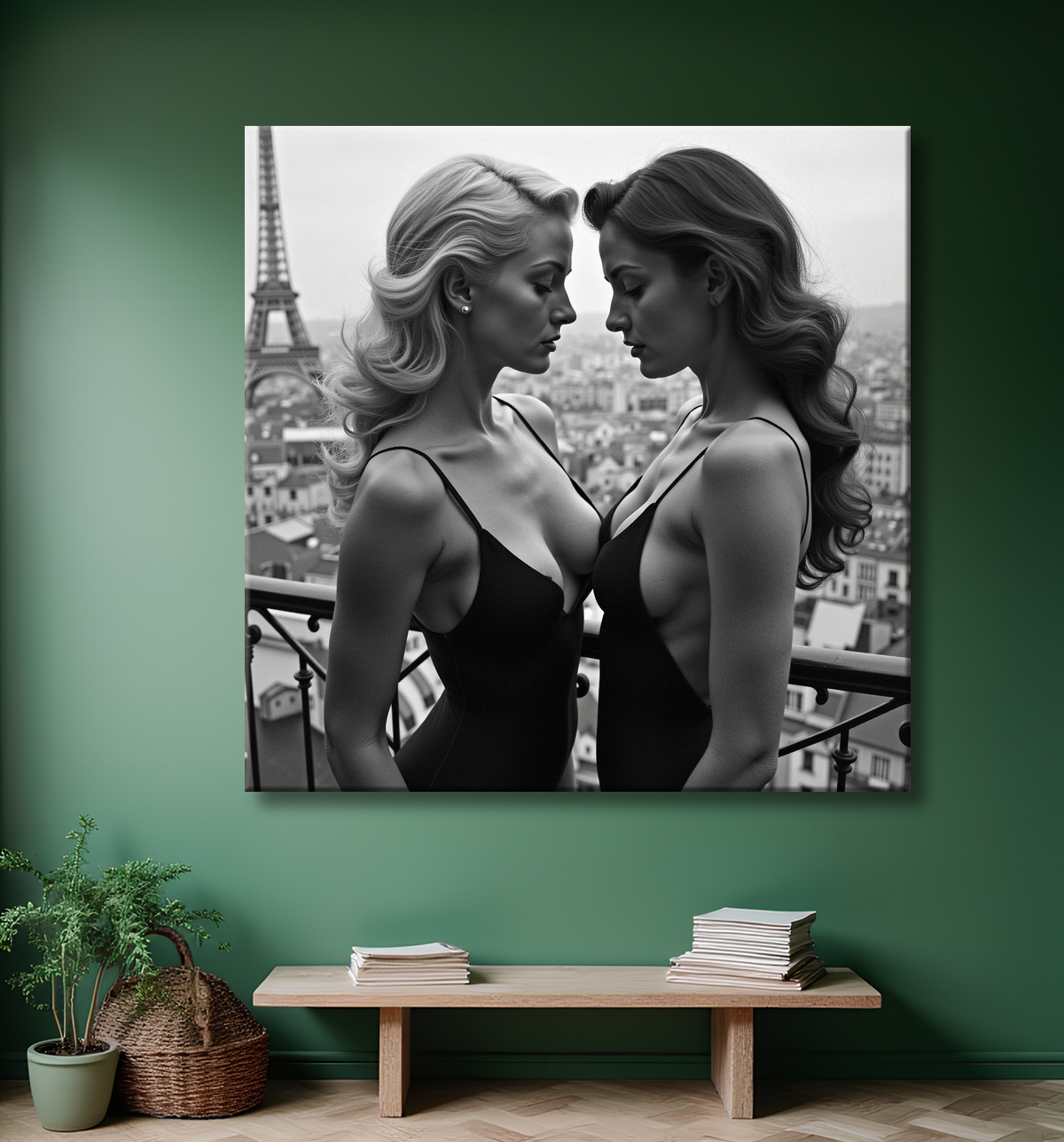 Tableau couple femmes chic Paris noir et blanc avec decor