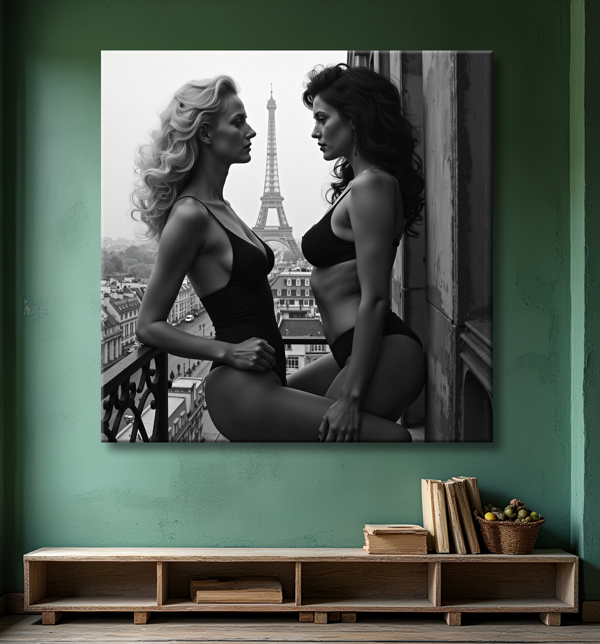 Tableau couple femmes chic Paris noir et blanc avec decor