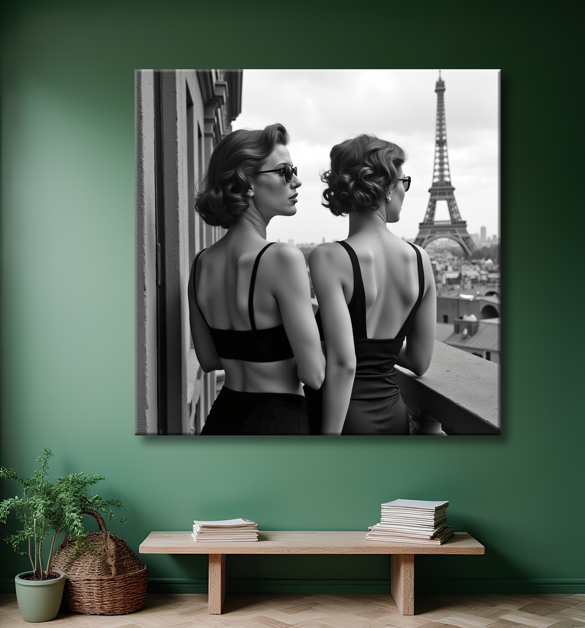 Tableau couple femmes chic Paris noir et blanc avec decor