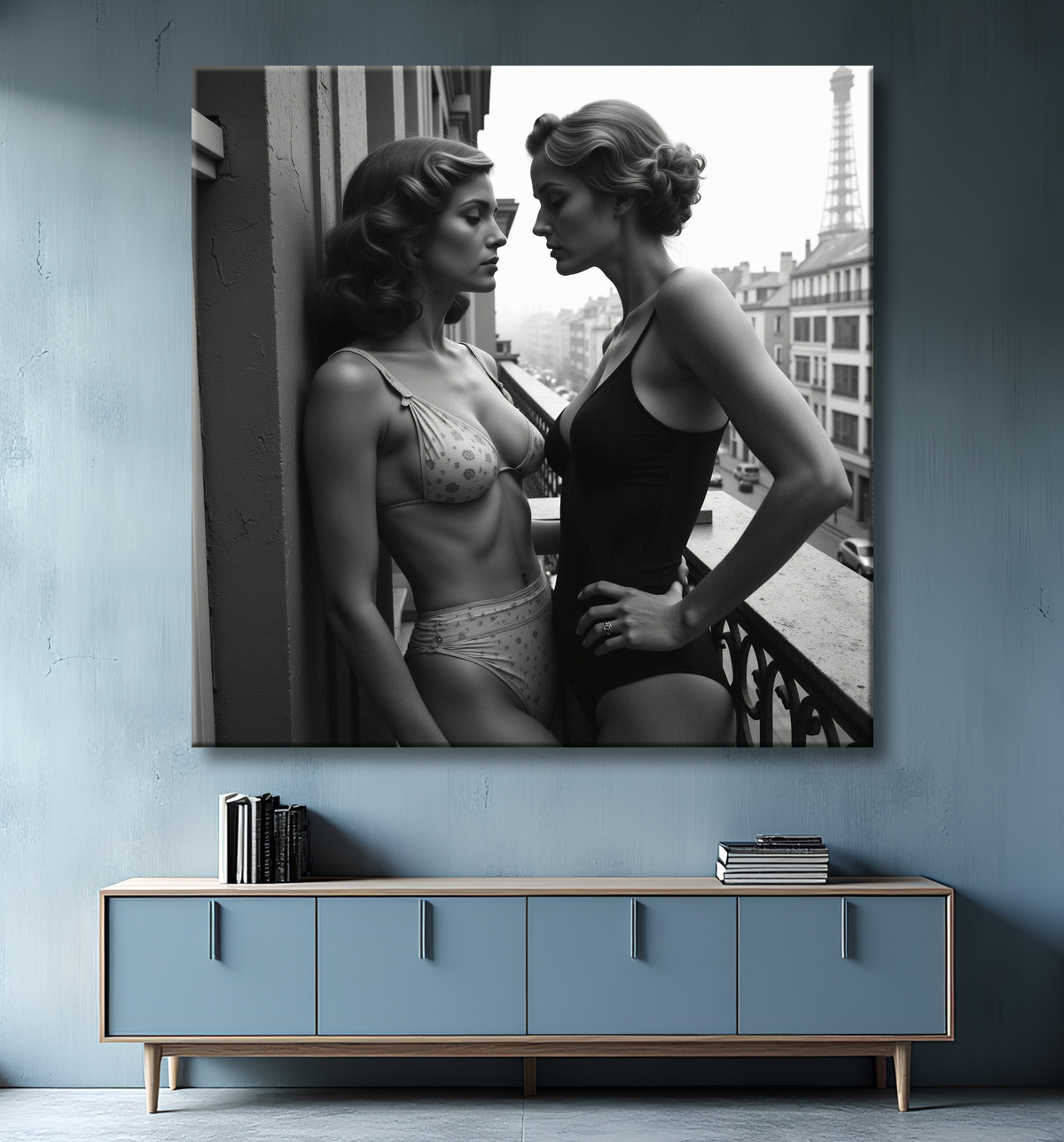 Tableau couple femmes chic Paris noir et blanc avec decor